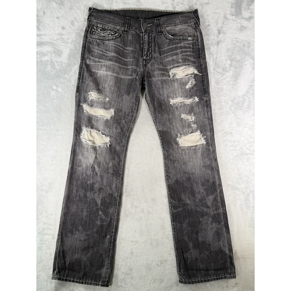 True Religion Jeans Mens 36x34 Black Ricky Relaxed Straight Super T Flap Pocket